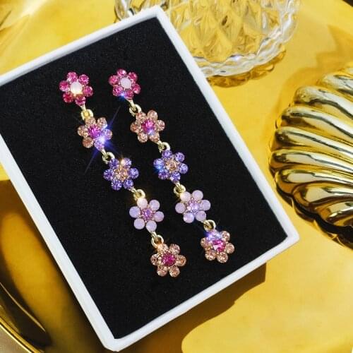 Colored water drill long flower earrings female temperament Korean personality exaggerated long earrings woman