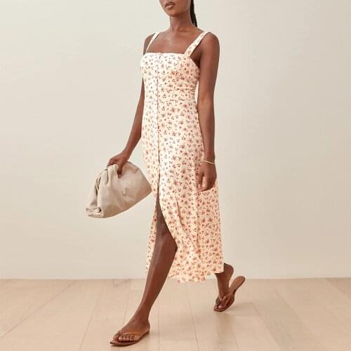 Floral Dress Women Summer Strap Sleeveless Square Neck Front High Slit Sexy Midi Dress Elegant Beach Dress Vacation Sundress