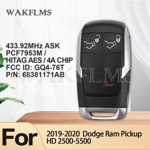 For Dodge Ram Ram Pickup HD 2500 3500 4500 5500 433MHz ASK PCF7953M GQ4-76T P/N:68381171AB 3Button Smart Key Car key