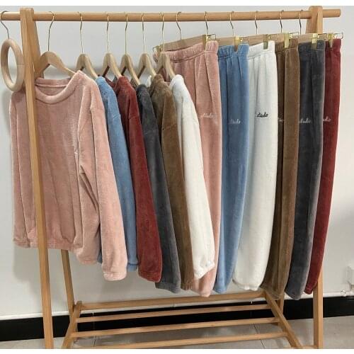 Fdfklak New Coral Fleece For Sleepwear Autumn Winter Flannel Round Neck Long Sleeve Pijamas 2PCS Home Suit Soft Female