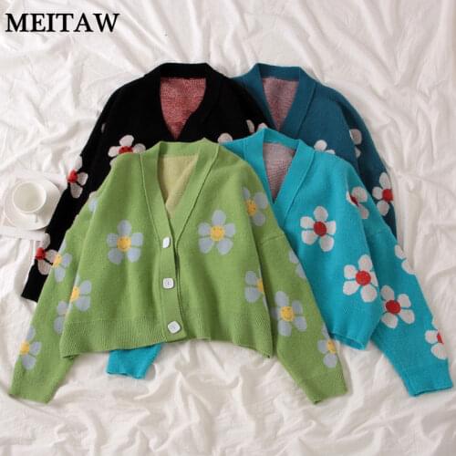 Women Knit Cardigans Elegant Floral Print Short Sweater 2020 Autumn Winter Loose V Neck Long Sleeve Casual Tops