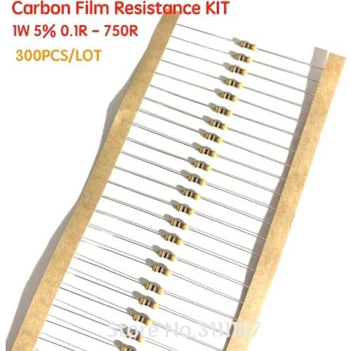300PCS Resistor Kit 1W 5% 0.1R - 750R 30values X 10pcs Carbon Film Resistance Set 0.1-750 ohm