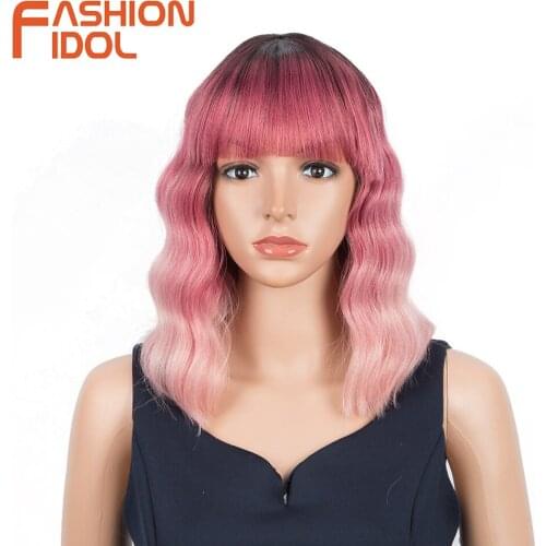 Lolita Pink Bob Wigs With Bangs Cosplay Short Water Wave Hair 13 Inches Anime Synthetic Purple Wig For White Women FASHION IDOL