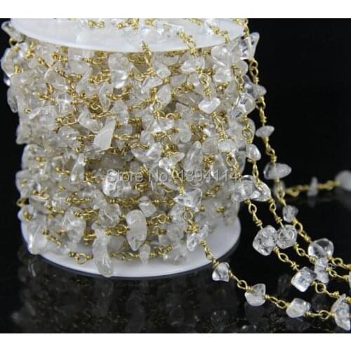 Natural Clear Quartz Crystal Chips Beaded Chain, Wire Wrapped Chip Beads DIY Chain