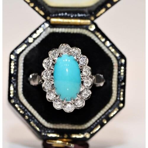 Vintage 18k Gold Original Natural Diamond And Turquoise Stone Decorated Pretty Ring