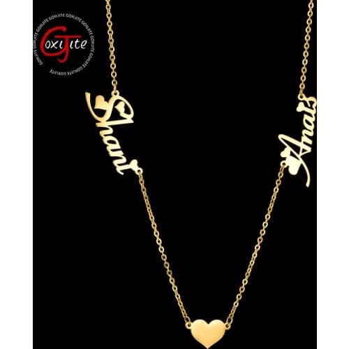 Goxijite Trendy Name Heart Necklace Stainless Steel Custom Double Name Love Heart Necklaces For Women Lover Jewelry Gift