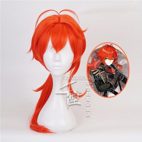 Genshin Impact Diluc Cosplay 60cm Long Red Wig Cosplay Anime Cosplay Wigs Heat Resistant Synthetic Wigs + Wig Cap