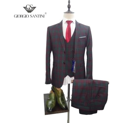 SLIM FIT 2020 GIORGIOSANTINI casual suit Red plaid 3-piece suit (Blazer + trousers + vest)