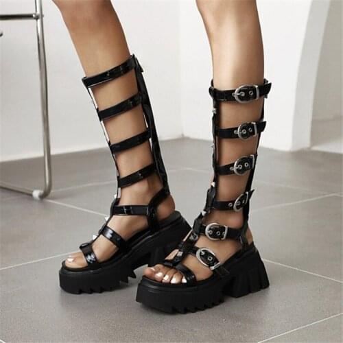 PXELENA Punk Gothic Rome Hollow Out Gladiator Sandals Women Rivet Buckle Chunky Platform High Heels Shoes Summer Plus Size 35-43