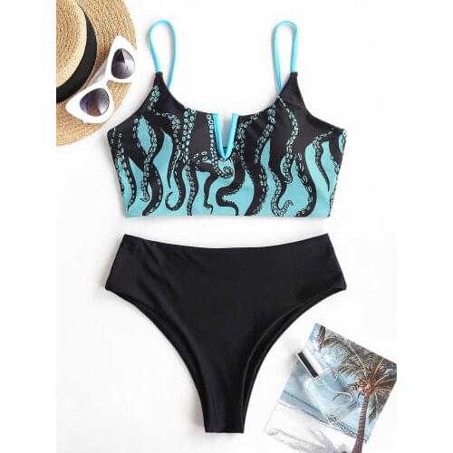 ZAFUL Octopus Print V Wired Mix and Match Tankini Swimwear Padded Tankini Two Piece Swimwear