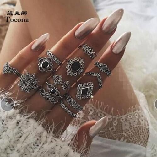 Tocona 14 pcs/set Vintage Silver Color Lotus Rings for Women Black Rhinestone Geometric Flower knuckle Ring Jewelry anillos 9134