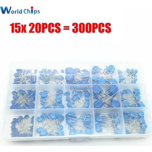 300pcs 15 Value 1KV/2KV/3KV 0.1nF to 22nF High Voltage Ceramic Capacitors Assortment Assorted Kit with Storage Box