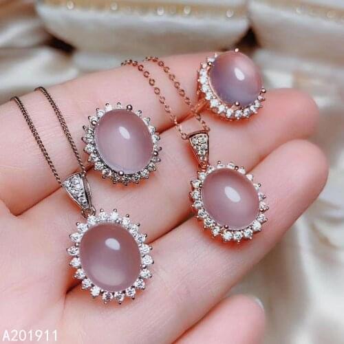 KJJEAXCMY fine jewelry natural Rose Quartz 925 sterling silver women pendant necklace chain ring set support test luxury