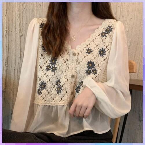 Sexy Lace Chiffon T-shirt Womens Transparent Mesh Tee Shirt Long Sleeve Ladies V Neck T-Shirts Embroidery Hollow Out Basic Tops