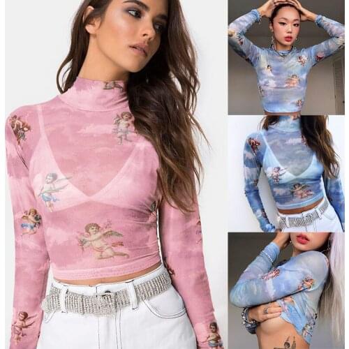 Hirigin Fashion Women See-through Sheer Mesh Fishnet T-Shirt Crop Top Cute Angel Printed Female Summer Mesh Tops