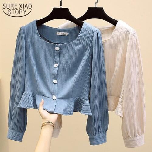 Autumn New 2021 Vintage Square Collar Long Sleeve Shirt Women Retro Buckle Clavicle Top Slim Overall Vintage Ropa De Mujer 11058