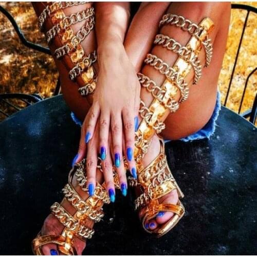 LTTL Fashion Women Open Toe Knee High Chain Design Gladiator Boots Stiletto High Heel Gold Sandal Boots Women Dress Shoes
