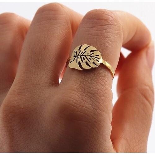 Tropical Leaf Ring Greenery Jewelry Gold Palm Leaf Rings For Women Stainless Steel Anillos Hombre Summer Style Hawaiian