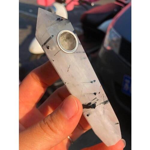 1 Pcs Wholesale!Natural Black Hair Rutile Healing Quartz Crystal Smoking Pipe