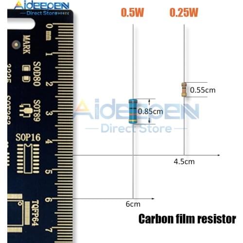 100Pcs 1/2W 0.5W 1/4W 0.25W Carbon Film Resistor 5% 1R-1M Ohm Resistance 1K 2.2K 4.7K 10K 15K 22K 47K 51K 100K 470K 510K 1M Ohm