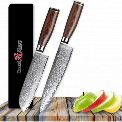 Grandsharp 2Pcs Damascus Knife Set 67 Layers Japanese Damascus Steel vg10 Chef Santoku Kitchen Knives Cleaver with Gift Box