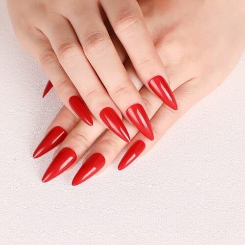 24 pcs latest solid color candy long pointed fake nails sexy red J1329