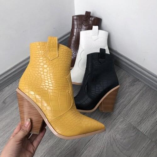 Black White Brown Yellow Autumn Winter Ankle Boots for Women Western Cowboy Boots Woman Wedge High Heel Boots Pointed Toe 2019