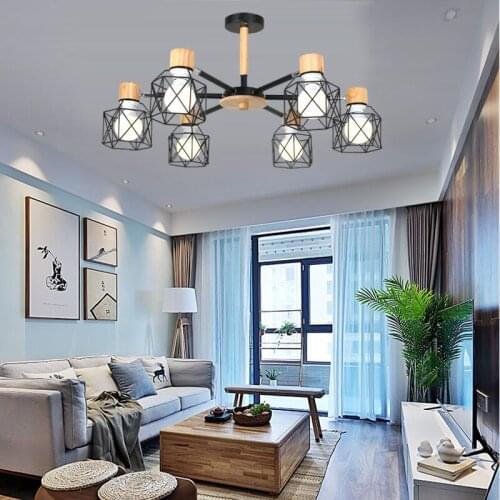 Nordic living room lamp log restaurant modern bedroom lamp iron cage simple creative solid wood Pendant Lights WF5141702