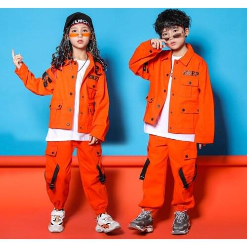 Children Stage Performance Clothing Jazz Hip Hop Dance Costumes for Kids Boys Girls Orange Long Sleeve Hiphop Streetwear