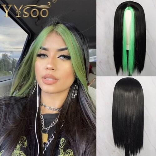 YYsoo Long Straight Black Highlights Green Color Synthetic Hair Wigs Full Machine Made No Lace Cosplay Wig Middle Part Daily Use