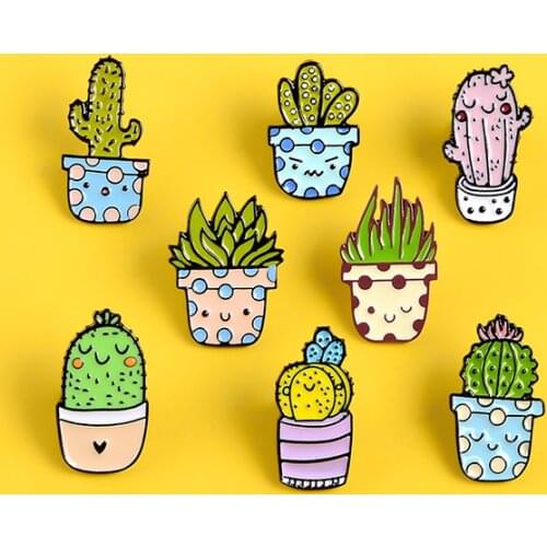 Potted plants enamel Pins Cartoon lovely cactus Aloe Badges Brooches Clothes Hat bag Lapel Pins Jewelry gift for women kids