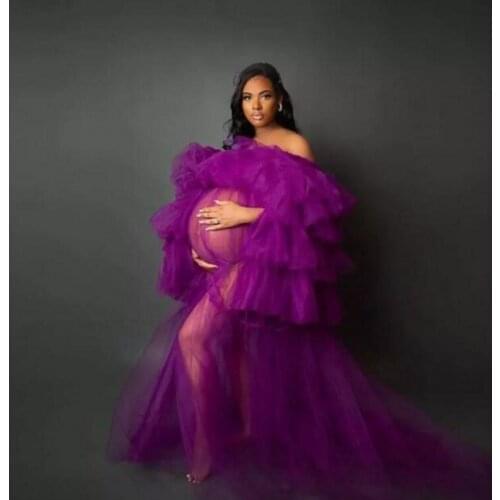 Purple Off The Shoulder Maternity Dresses For Photo Shoot Tulle Robe Prom Gown Sheer See Through Pregnancy Dresses
