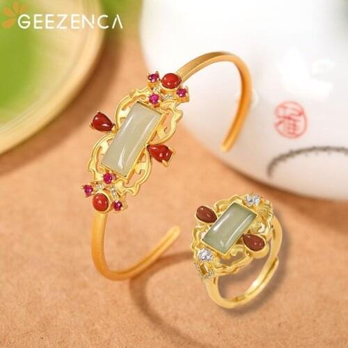 GEEZENCA S925 Silver Gold Plated Red Agate Jade Bangle Ring For Women Luxury Vintage Court Style Cuff Bracelet Rings Jewelry Set