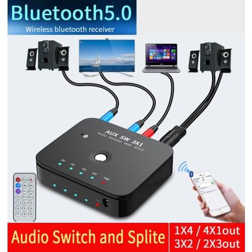 HIFI 4-port 3.5mm Stereo AUX Switcher 3 IN 1OUT Wireless Music Bluetooth 5.0 Audio Receivers Infrared Remote Control