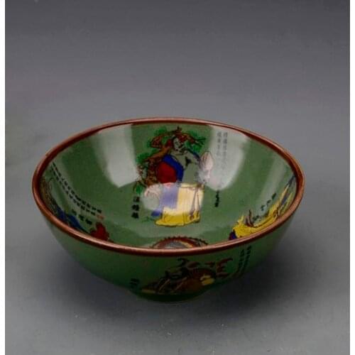 Exquisito chino clásico verde glaseado porcelana tazón pintado con Ocho inmortales (en la leyenda)