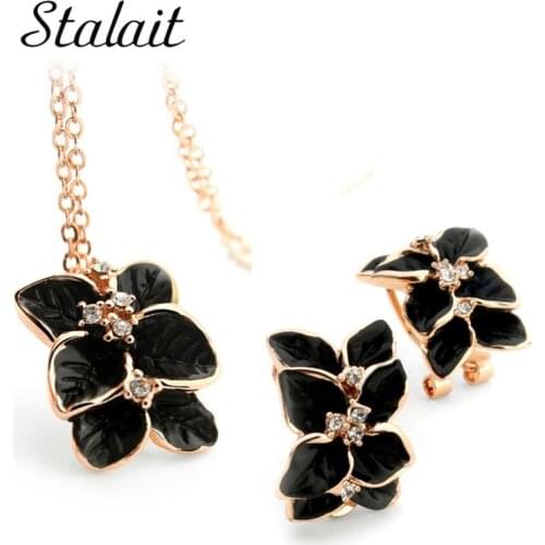 Rose Flower Necklace Earrings Jewelry Sets Fashion Wedding Party Multi Color Austrian Crystal Leaf Pendant Jewelry Set