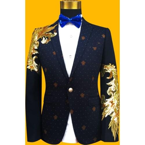 New Slim Male Suits Blazer blue/Black Gold Sequins Embroidery Fashion Men Performance Costume Stage Wear Star Concert Jacket Coa