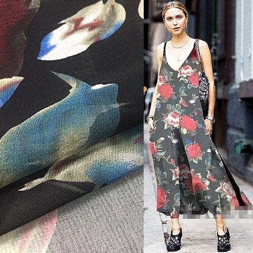 Red rose print on black bottom silk georgette gauze silk fabric pure silk,SCG323