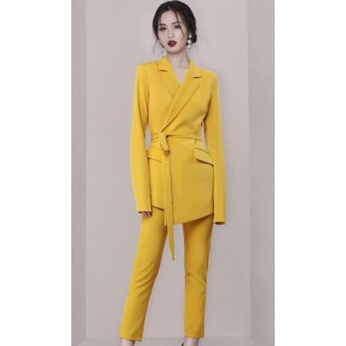 LLZACOOSH Office Ladies 2020 Autumn Spring 2 Piece Set Women Yellow Notched Irregular Suit Coat + Fashion Work Pencil Pants Set