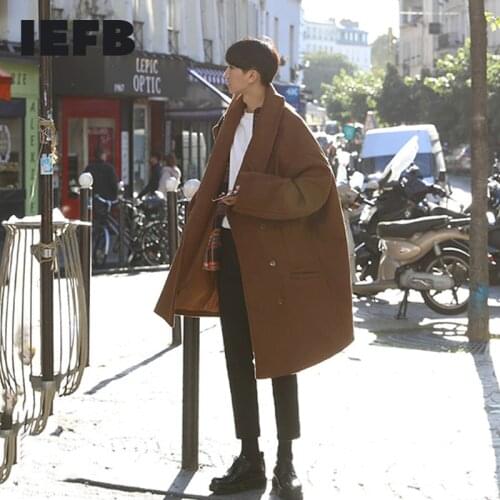 IEFB Mens 2021 Autumn And Winter Mid Long Loose Korean Fashion Woolen Solid Color Lapel Double Breasted Coat Windbreaker9Y8442