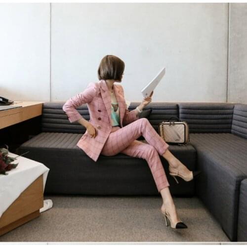 Spring and autumn new fashion small suit female jacket pink plaid slim slim professional suit pants two-piece suit women suit