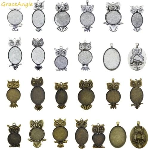 Wholesale 10pcs/pack Vintage Assorted Owl Bird Setting Tray Blank Pendant Randomly color Zinc Alloy Cameo Setting Pendant Charms