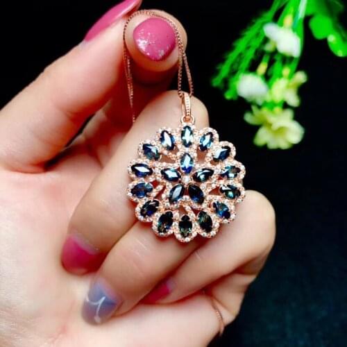 Natural blue sapphire necklace pendant S925 silver natural pendant fashion round Sun flower girlfriend Hydrangea gift jewelry