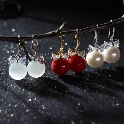 Luxury Red/white/Clear Bowknot Pearls Opal Drop Dangle Earrings for Women Cubic Zircon Wedding Engagement Earring Jewelry YEA463