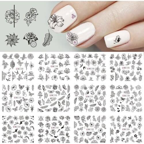 Nail Watermark Black Minimalist Carved Rose Leaf Butterfly Animal Forestry Nail Sticker Twelve-in-One