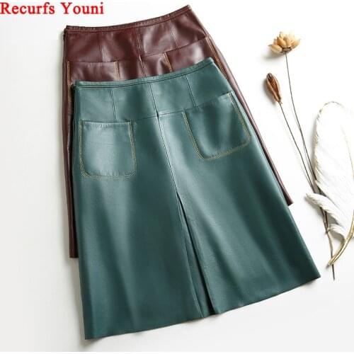 Stylish Women Genuine Leather Skirt Female Slit Pockets Sewing High Waist Jupe Mujer A-line Mid-Length Wine Red/Blue Chic Faldas