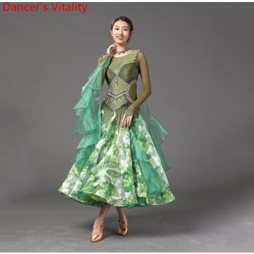 Lady Modern Dance Racing Outfits Rhinestone Cut out Sleeve Floral Dress Modern Waltz Ballroom Dancing Wear Performance Costume