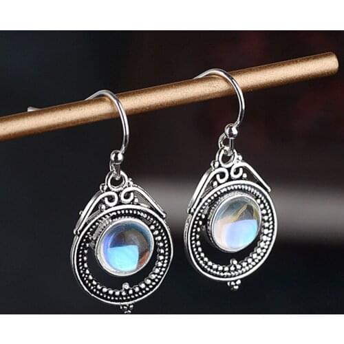 Natural Moonstone drop earrings for women girls dangle vintage Indian ethnic claddagh silver color accessory holiday jewelry