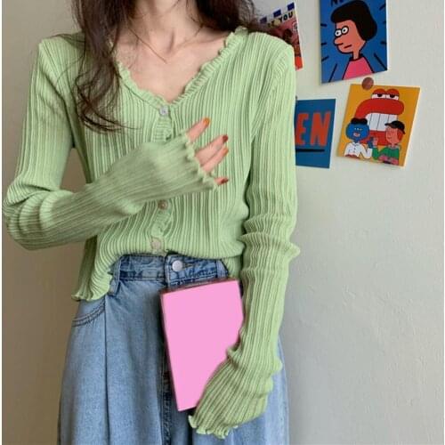 Women Knitting Sun Protection Cardigan V Neck Long Sleeve Slim Blouse Crop Top