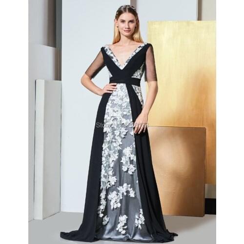 10258 black fashion V-neck natural A-line floor-length chiffon long evening dresses/party gowns ivory-applique free shipping